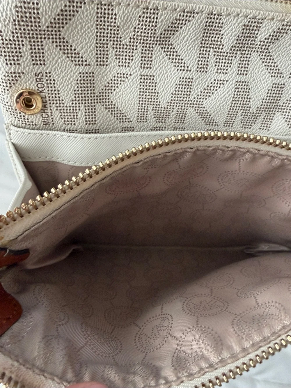 Michael Kors Beige Logo Canvas Crossbody with Tan Leather Trim